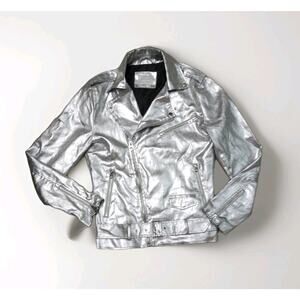 ZARA MAN Faux Leather Biker Jacket Mens Motorcycle Moto Metallic Silver Size S